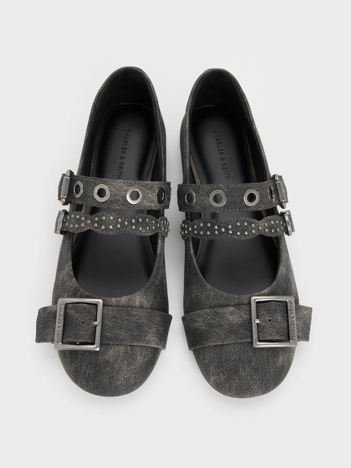 CHARLES & KEITH Premium / Aether Grommet Studded Mary Jane Flats - Dark Grey