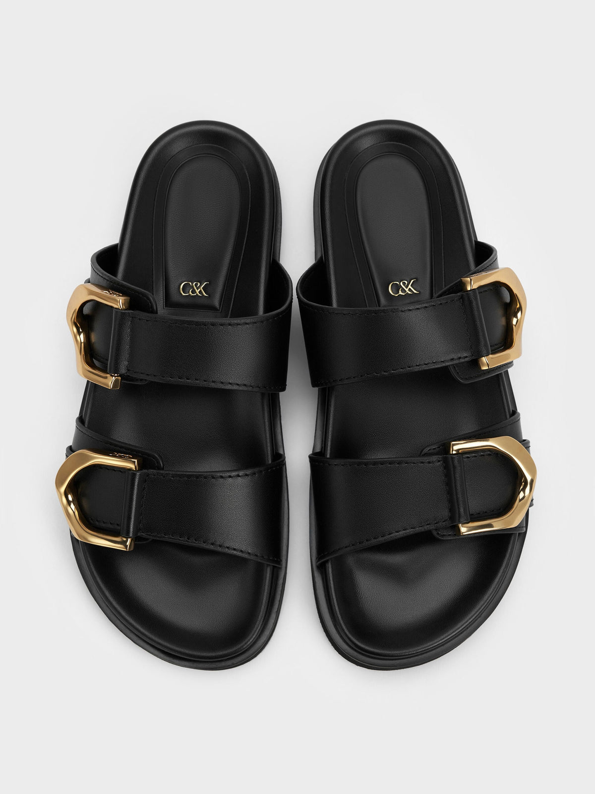 CHARLES & KEITH Signature / Gabine Gold-Buckle Leather Slides - Black