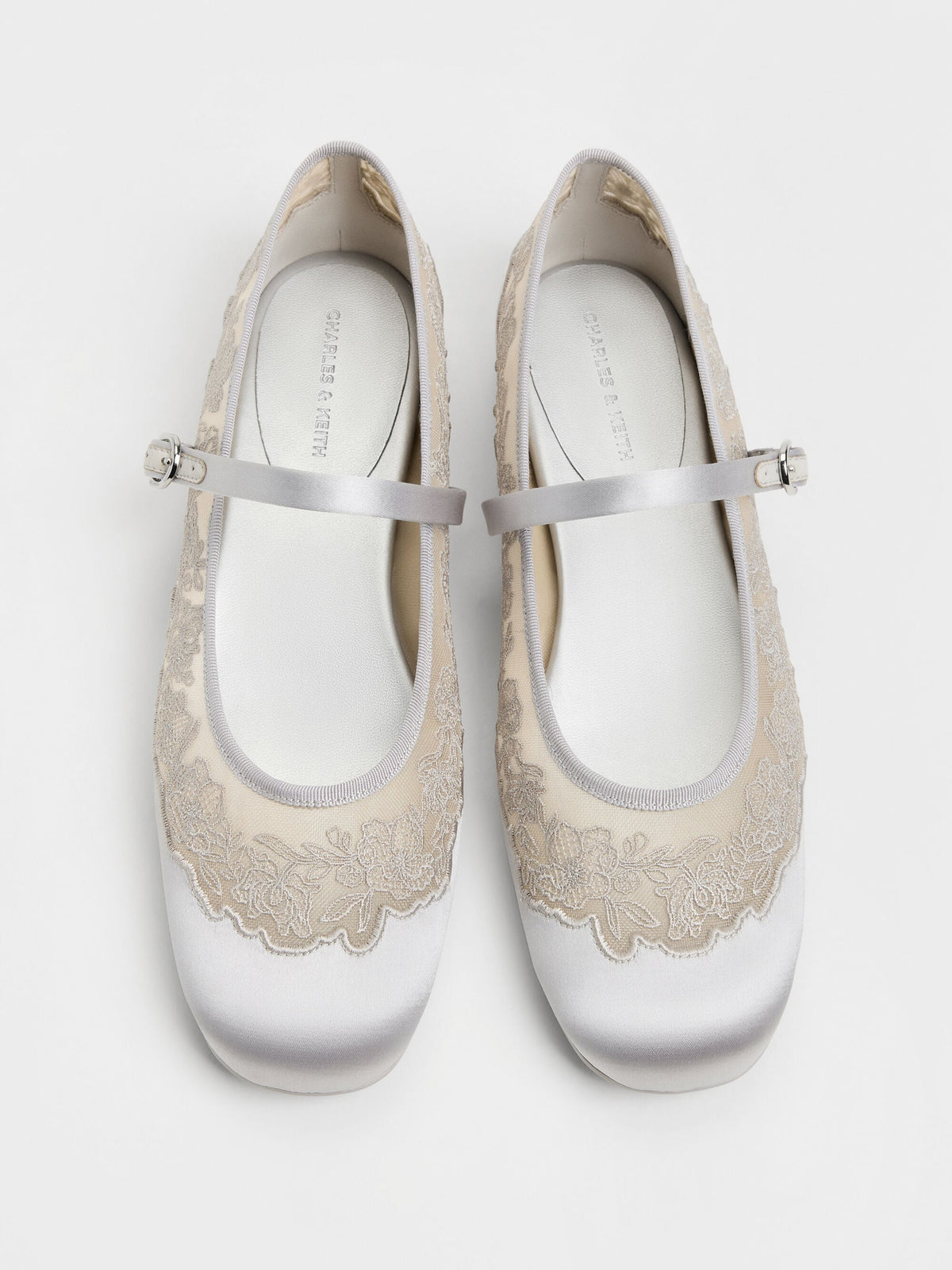 CHARLES & KEITH Everyday / Satin Embroidered-Mesh Mary Jane Flats - Silver