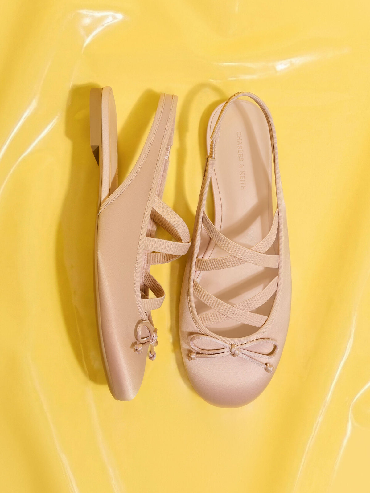 CHARLES & KEITH Best Seller / Satin Crossover Slingback Ballet Flats - Light Pink
