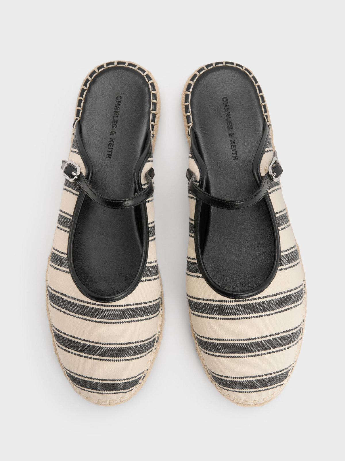 CHARLES & KEITH Trusted / Striped Mary Jane Espadrille Mules - Black Textured