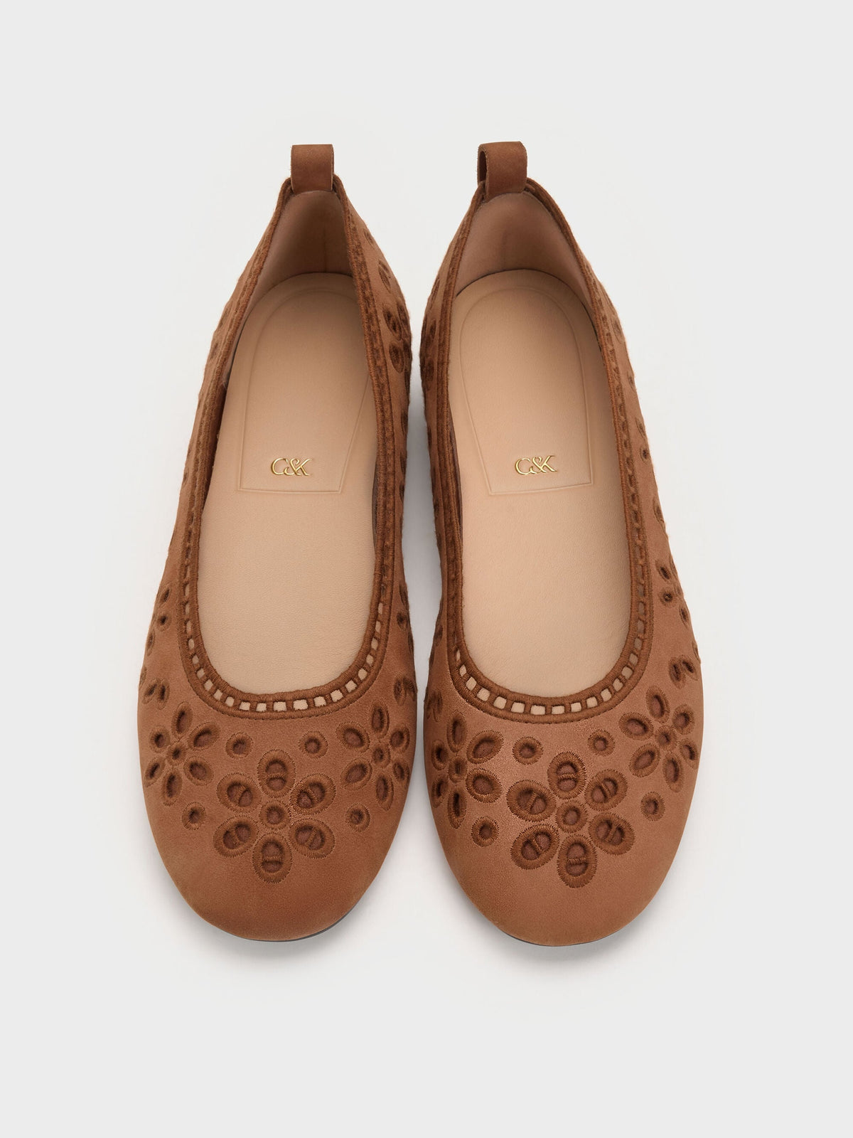 CHARLES & KEITH Premium / Leather Embroidered Ballet Flats - Cognac