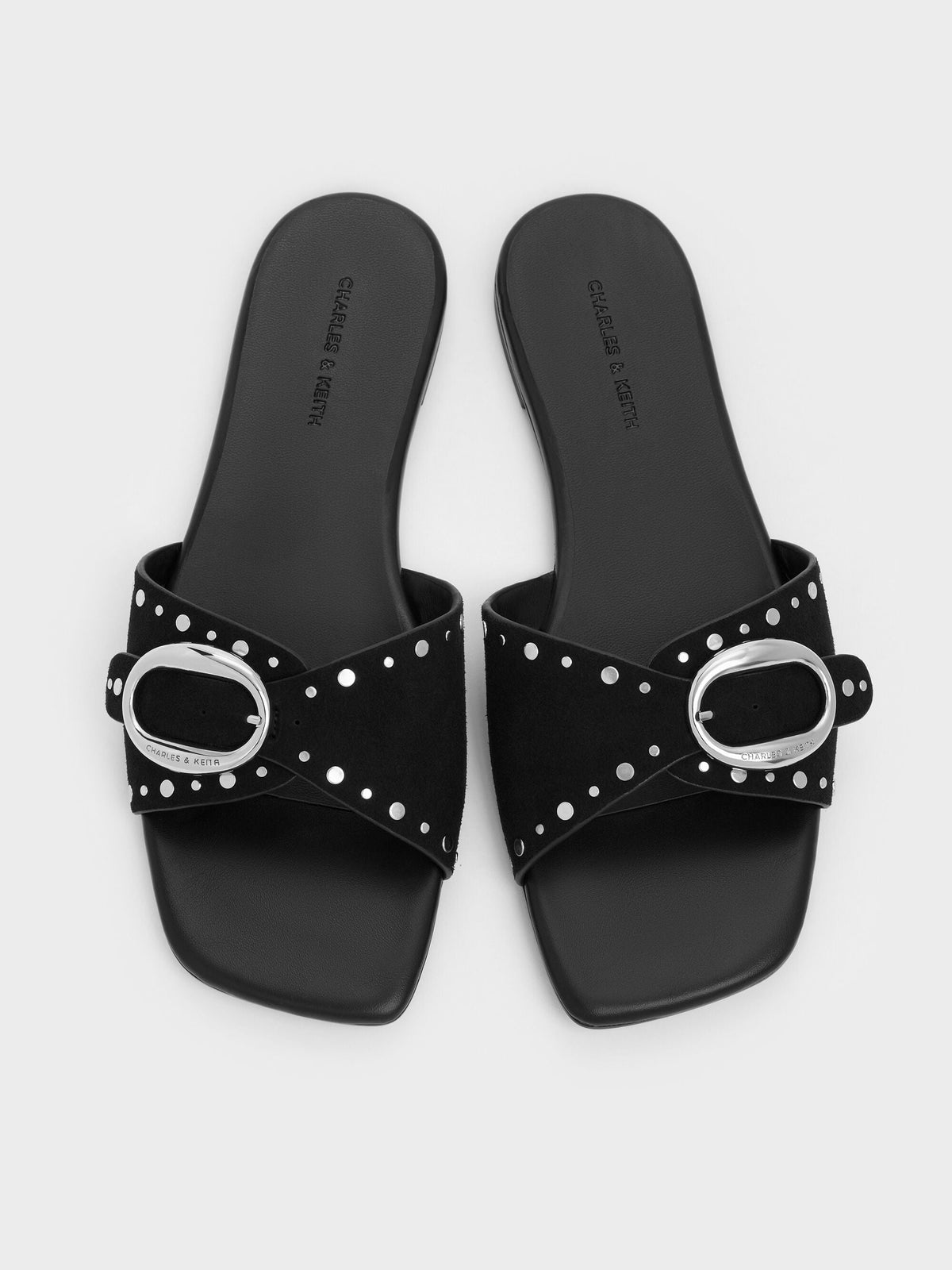 CHARLES & KEITH Top Pick / Studded Buckled Slide Sandals - Black