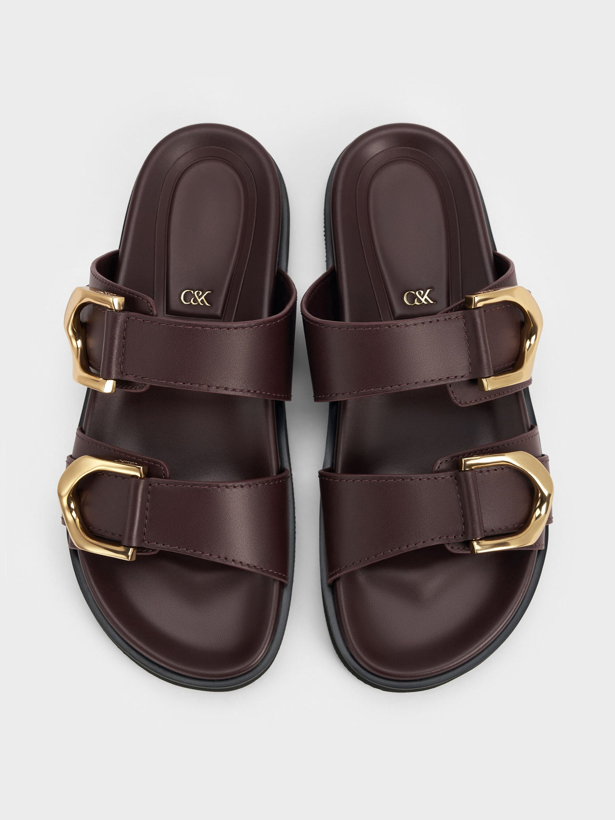 CHARLES & KEITH Recommended / Gabine Gold-Buckle Leather Slides - Plum