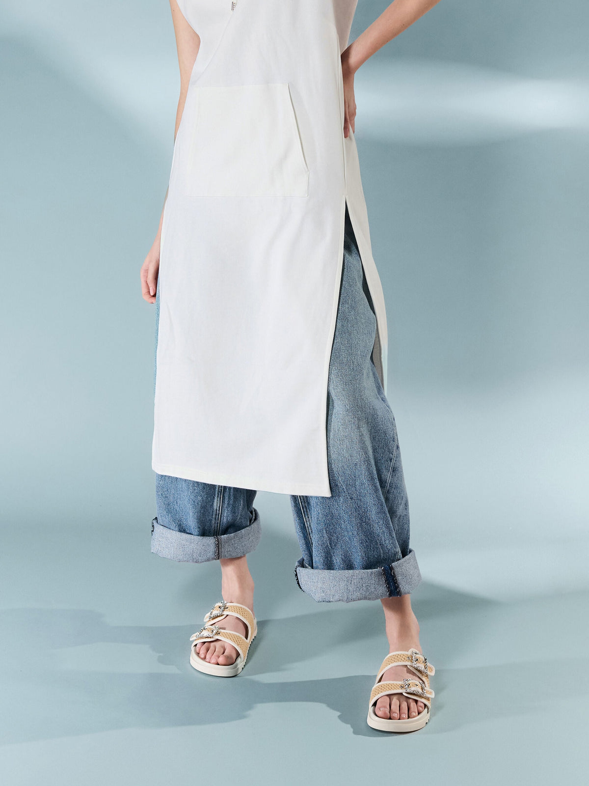 CHARLES & KEITH Popular / Raffia Gem-Buckle Double-Strap Sandals - Sand