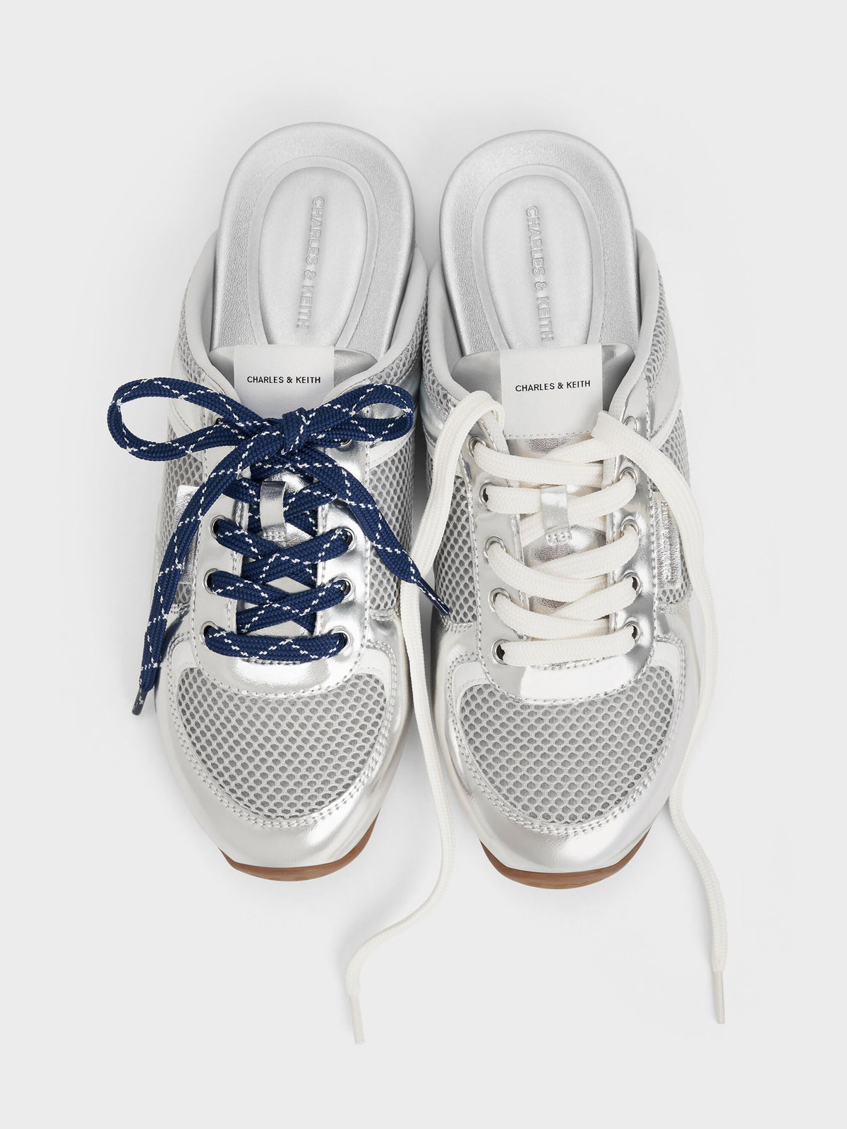 CHARLES & KEITH Great Value / Metallic Mesh Lace-Up Sneaker Mules - Silver