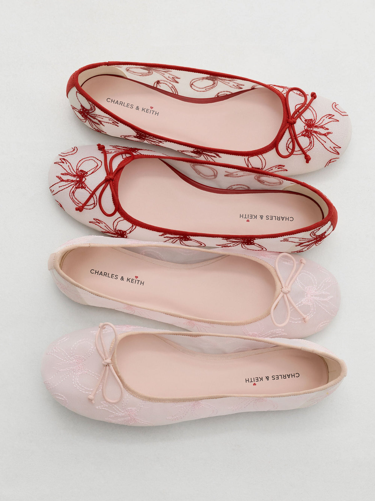 CHARLES & KEITH Smart Buy / Embroidered-Mesh Bow Ballet Flats - Light Pink