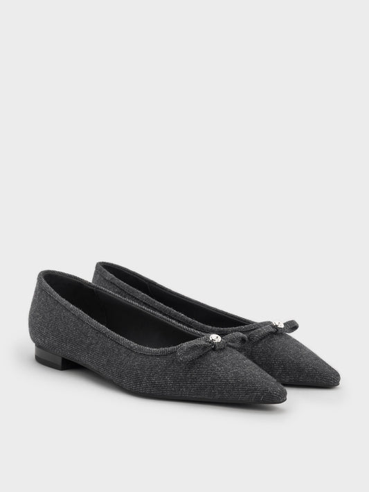 CHARLES & KEITH Special Offer / Felt Bow Pointed Ballet Flats - Dark Grey
