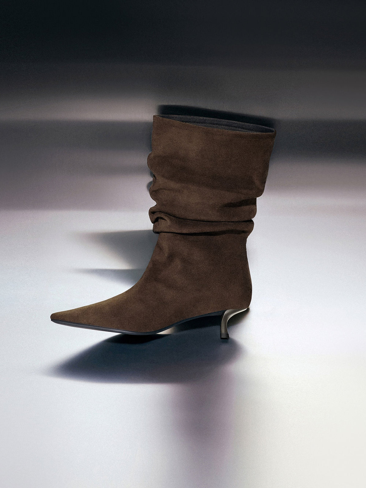 CHARLES & KEITH Essential / Faux Suede Ruched Kitten-Heel Calf Boots - Dark Brown Textured