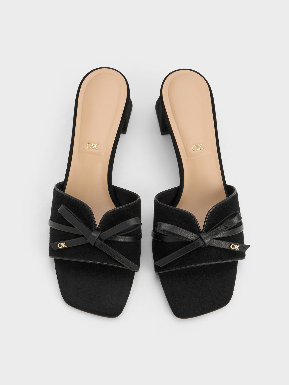 CHARLES & KEITH Popular / Leather & Suede Bow Heeled Mules - Black Textured