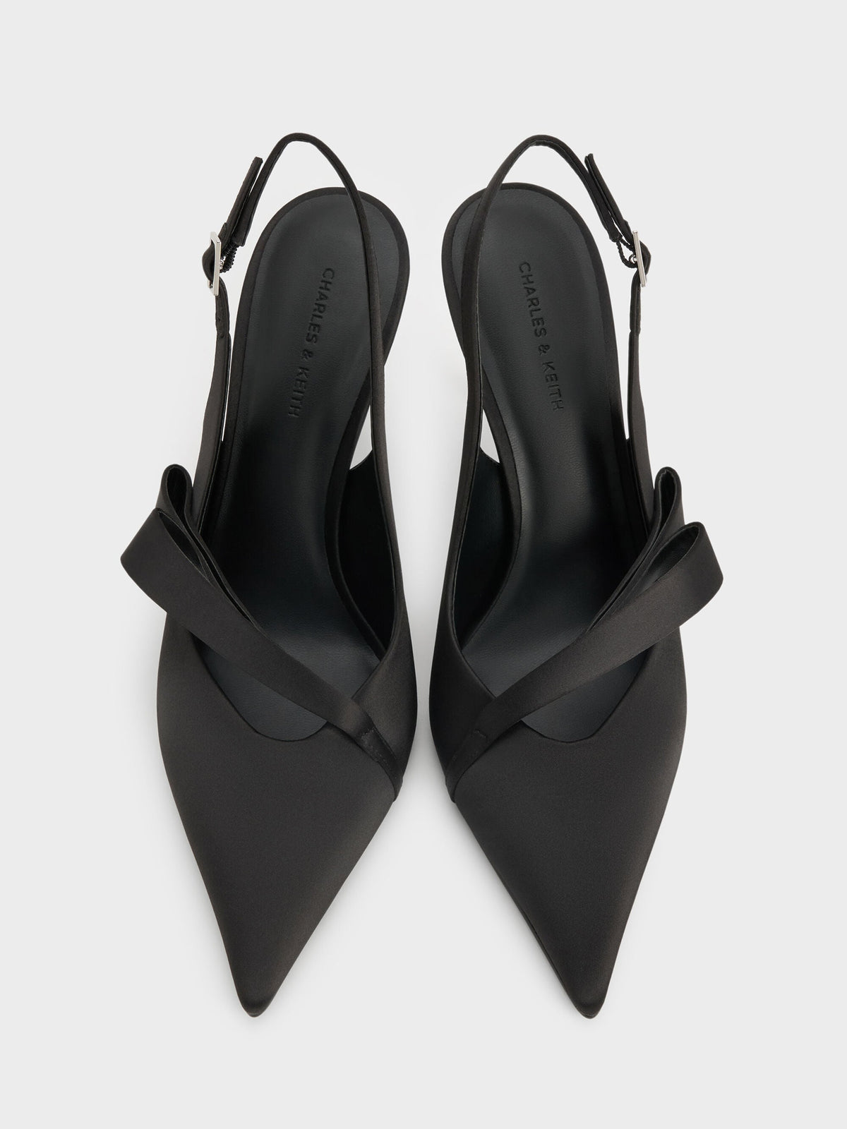 CHARLES & KEITH Recommended / Satin Pleated-Strap Slingback Pumps - Black Textured