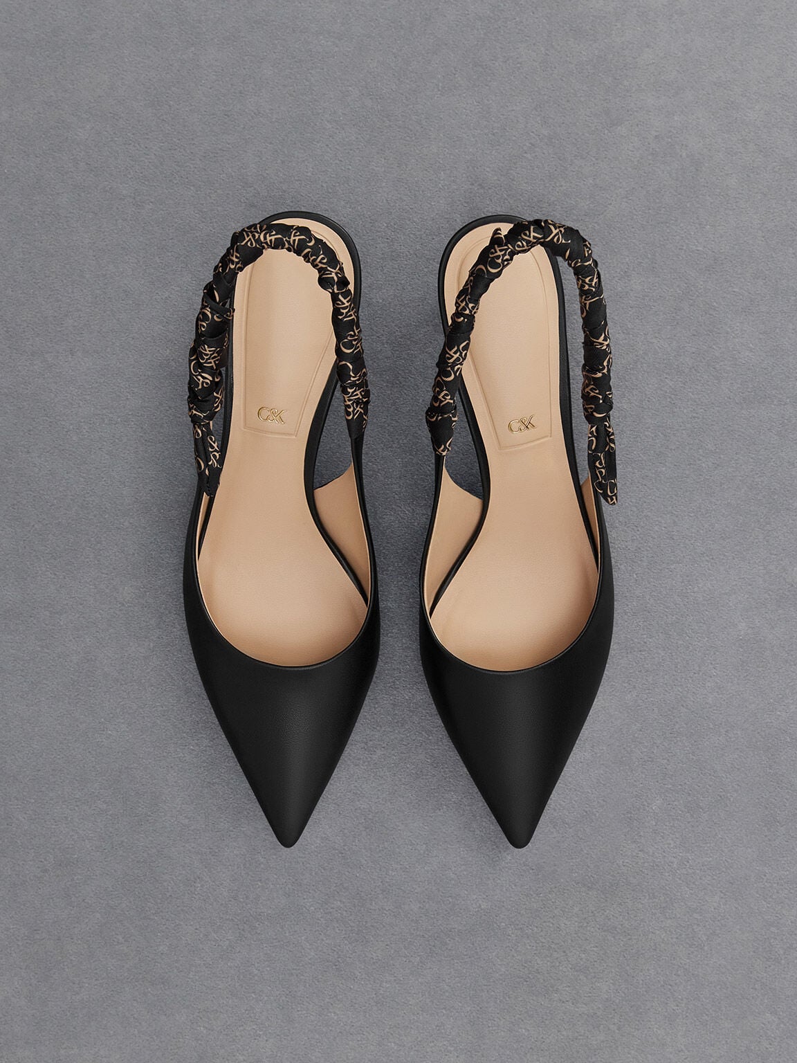 CHARLES & KEITH Everyday / Tully Leather Ruched Print Slingback Pumps - Black