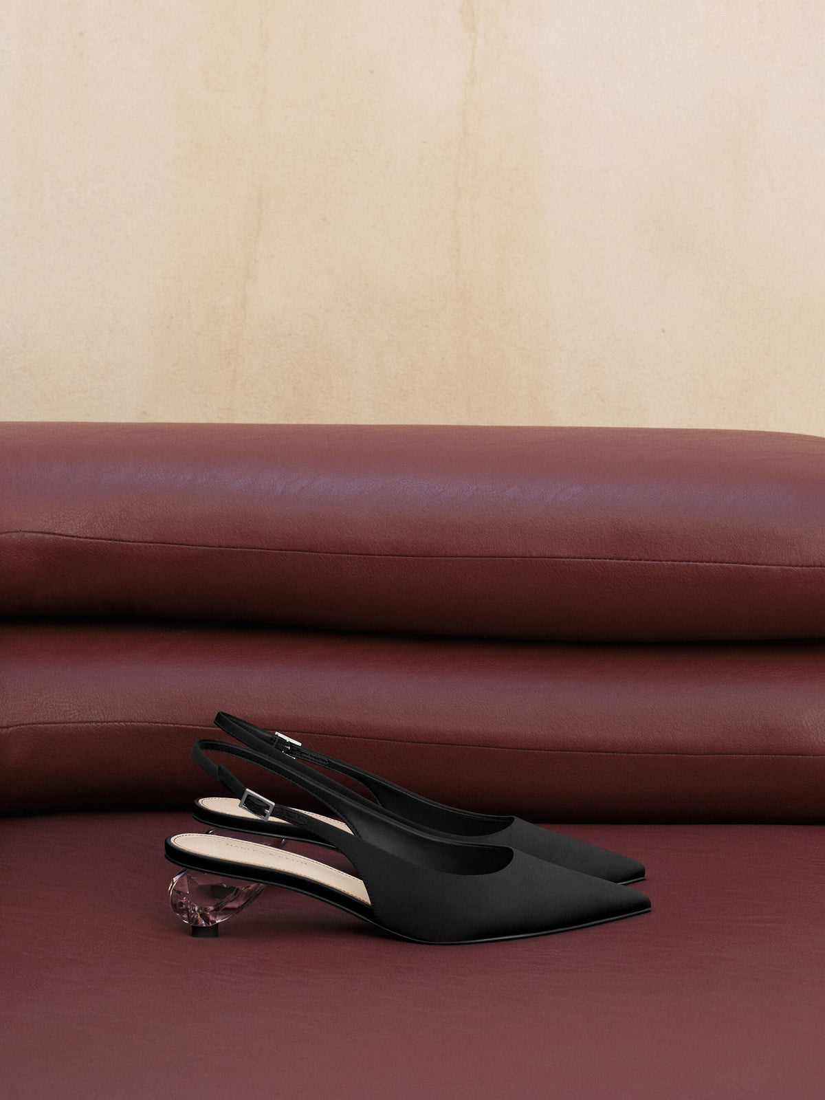 CHARLES & KEITH Best Seller / Pointed Crystal-Heel Slingback Pumps - Black Textured