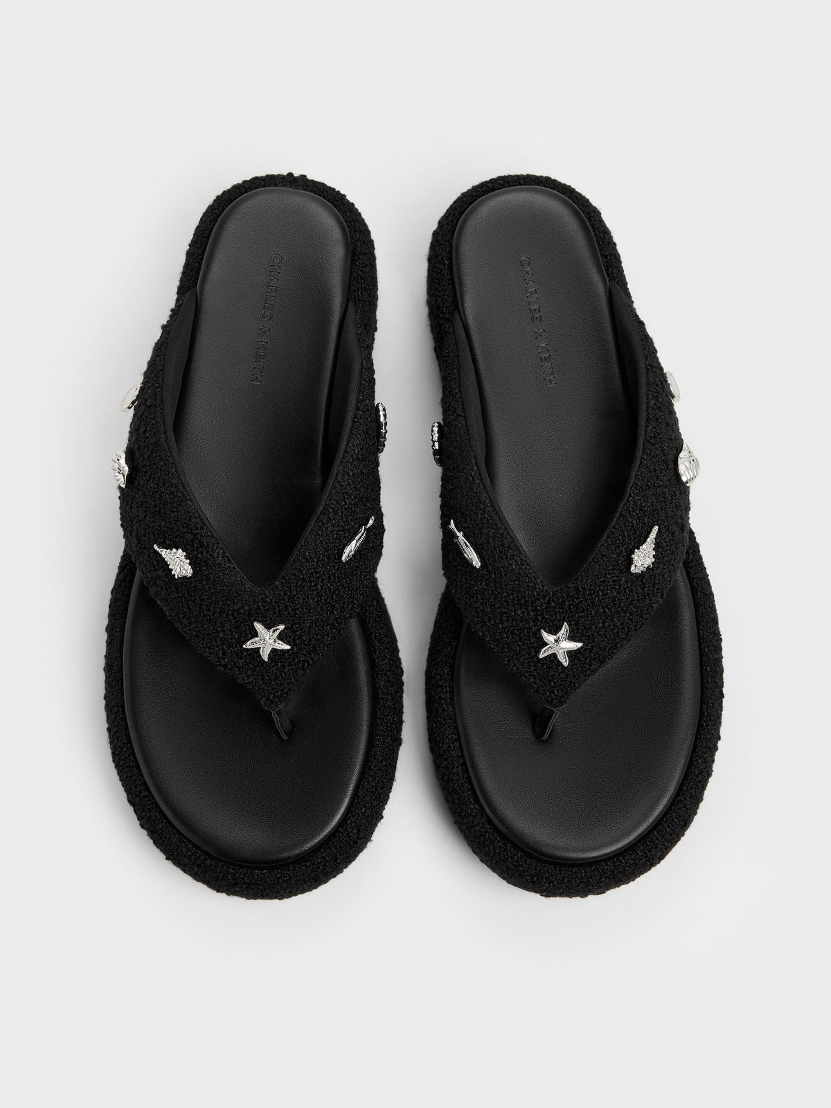 CHARLES & KEITH Discount / Tweed Beach Flatform Thong Sandals - Black Textured