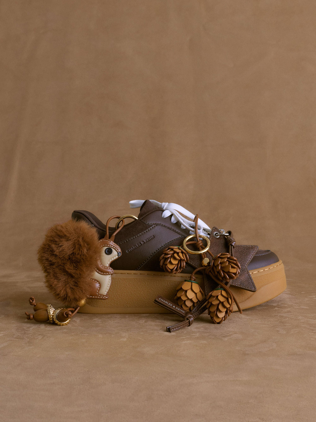 CHARLES & KEITH New / Faux Suede Platform Sneakers - Dark Brown Textured