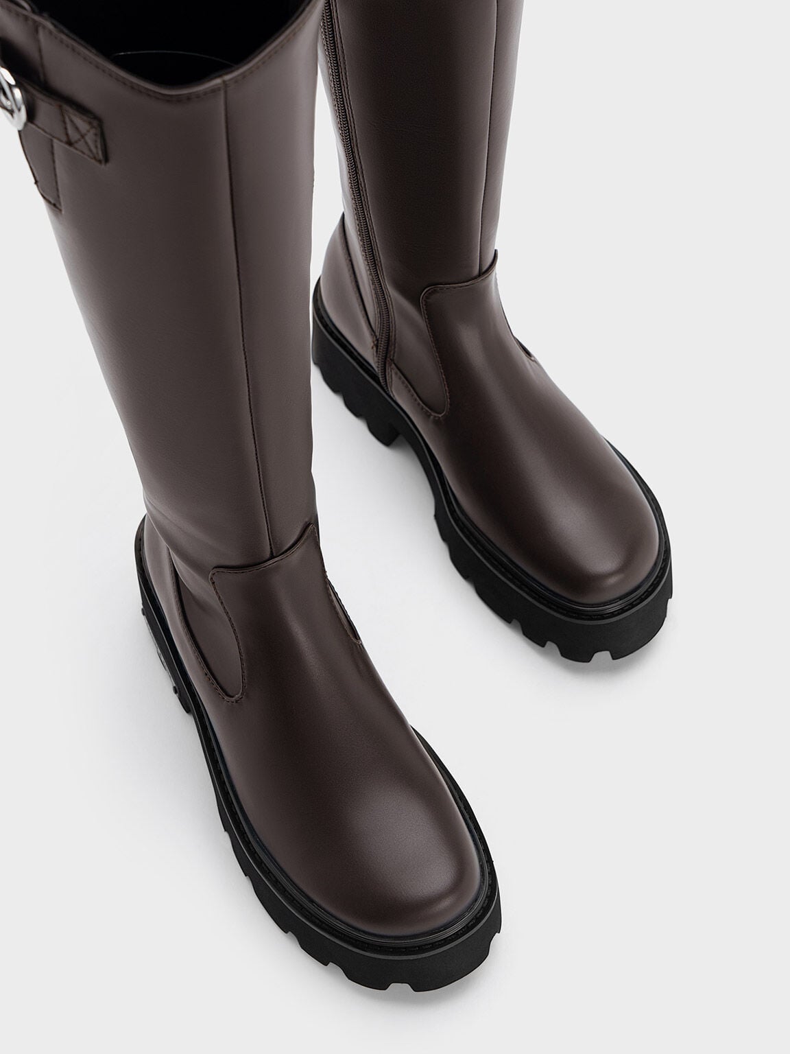 CHARLES & KEITH New / Imogen Side-Buckle Chunky Knee-High Boots - Dark Brown