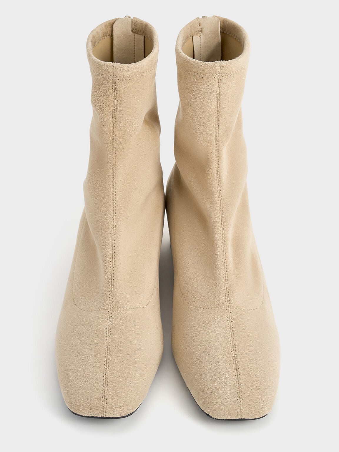 CHARLES & KEITH Best Price / Faux Suede Stitch-Trim Heeled Ankle Boots - Sand