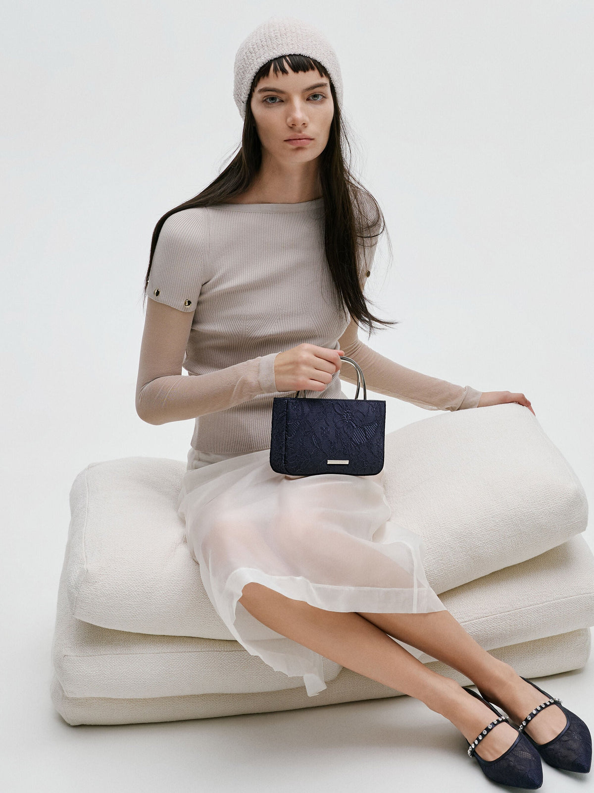 CHARLES & KEITH Customer Favorite / Jennis Lace & Satin Top Handle Bag - Dark Blue Textured