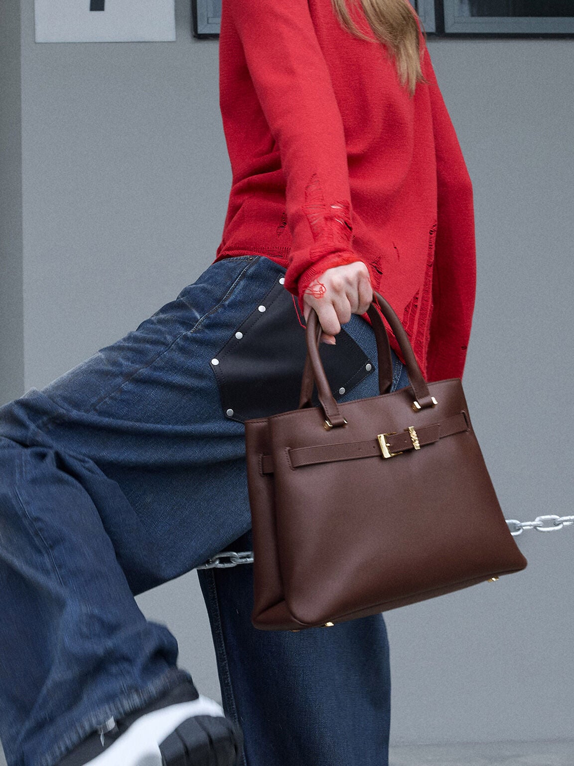 CHARLES & KEITH Recommended / Voyager Leather Belted Tote Bag - Dark Brown