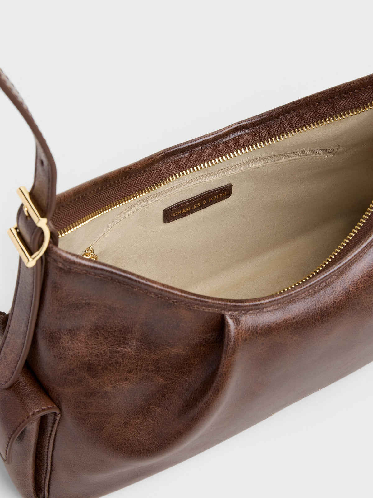 CHARLES & KEITH Quality / Khai Side-Pocket Shoulder Bag - Distressed Coffee