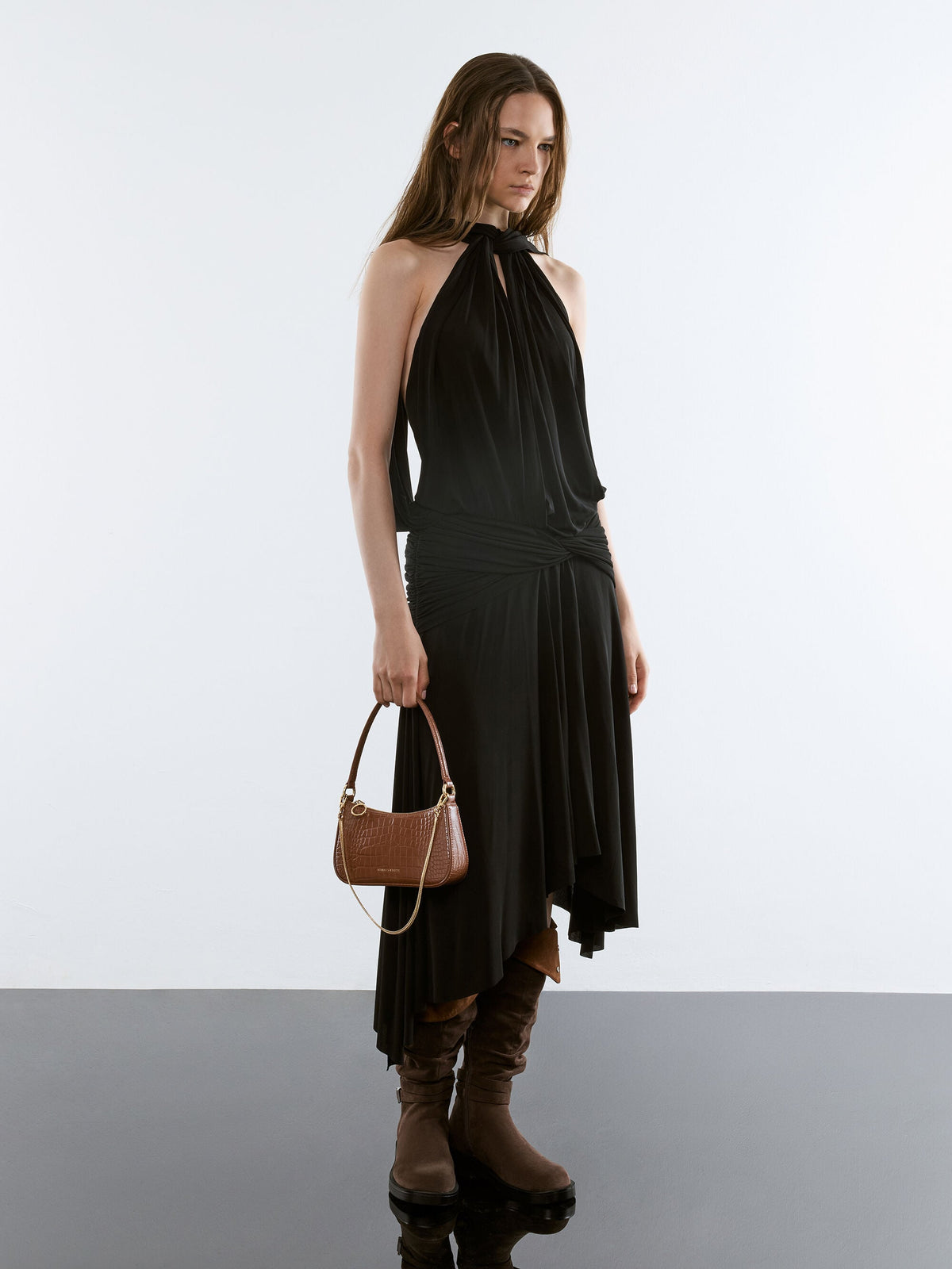 CHARLES & KEITH New / Elspeth Croc-Effect Shoulder Bag - Chocolate Croco