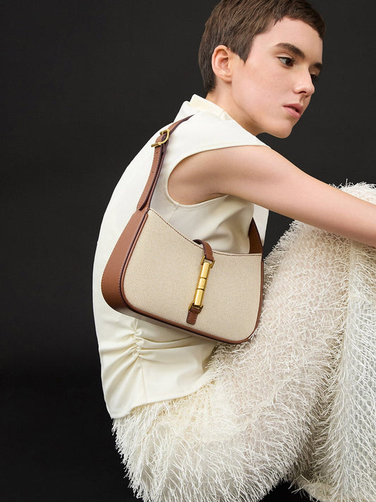CHARLES & KEITH Value / Cesia Canvas Metallic-Accent Shoulder Bag - Chocolate