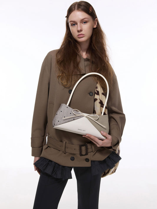 CHARLES & KEITH Discount / Hazel Heart-Print Bow Panelled Shoulder Bag - Taupe