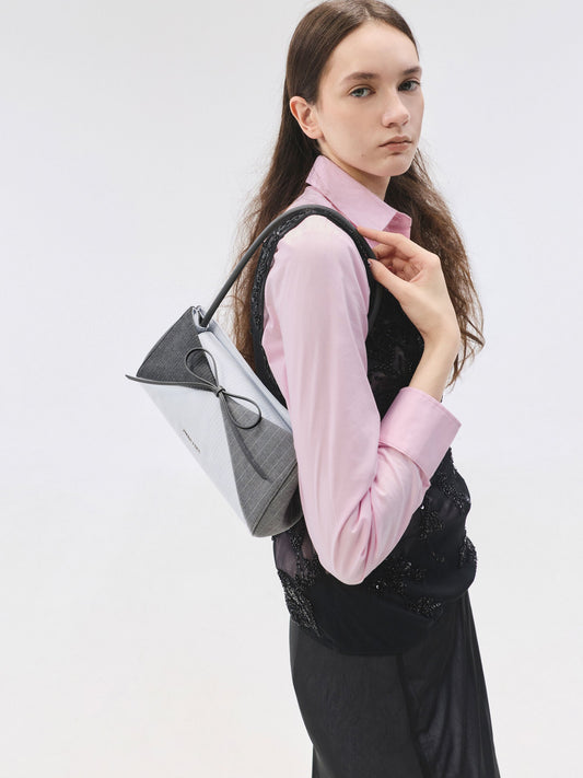 CHARLES & KEITH Popular / Hazel Striped Bow Panelled Shoulder Bag - Grey