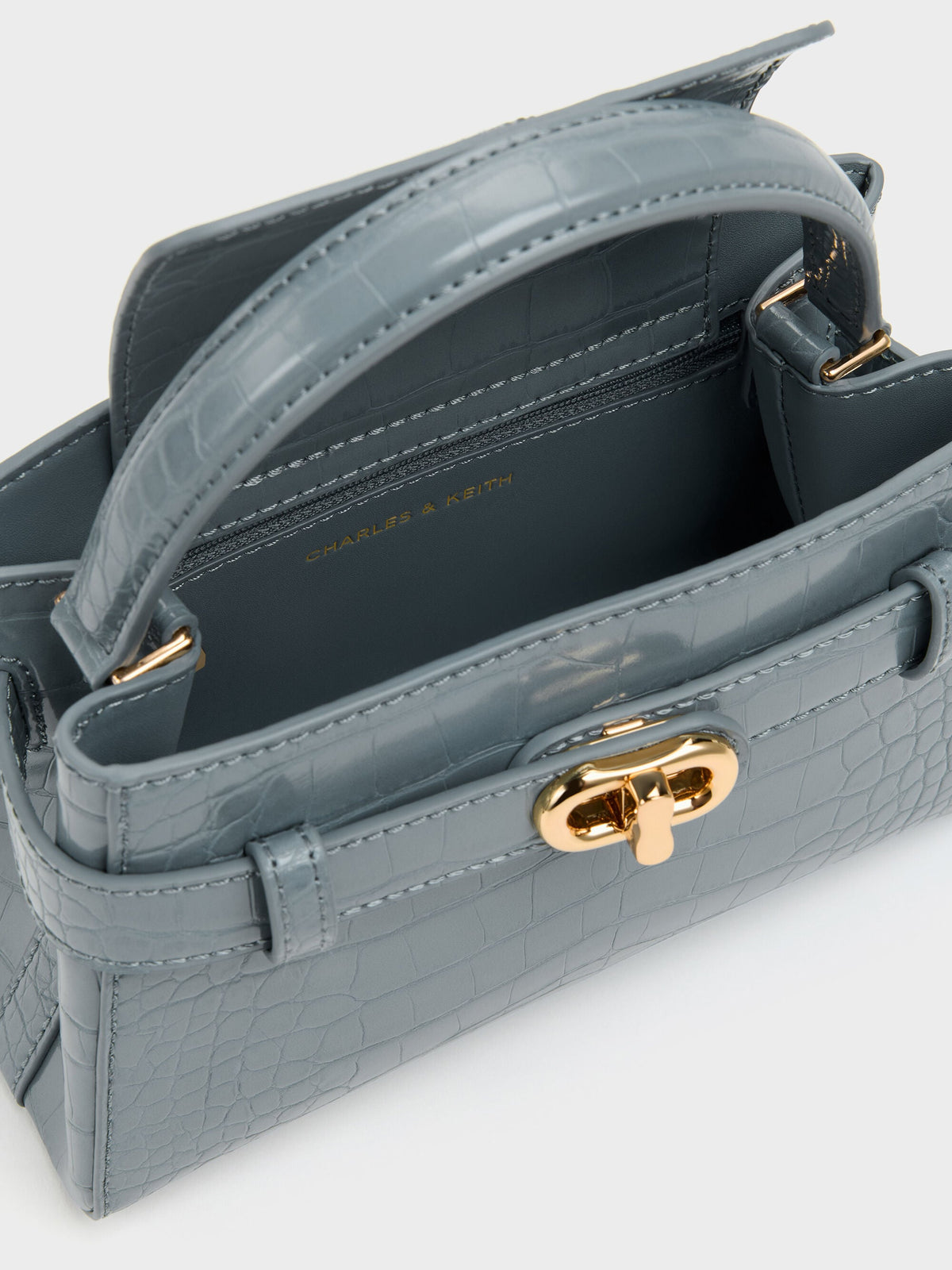 CHARLES & KEITH Quality / Aubrielle Croc-Effect Belted Top Handle Bag - Smoky Blue