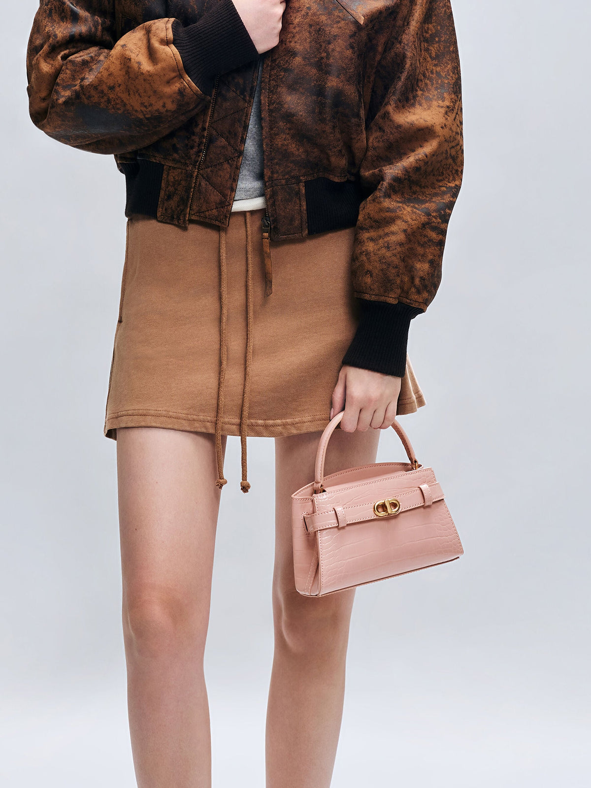 CHARLES & KEITH Signature / Aubrielle Croc-Effect Belted Top Handle Bag - Light Pink