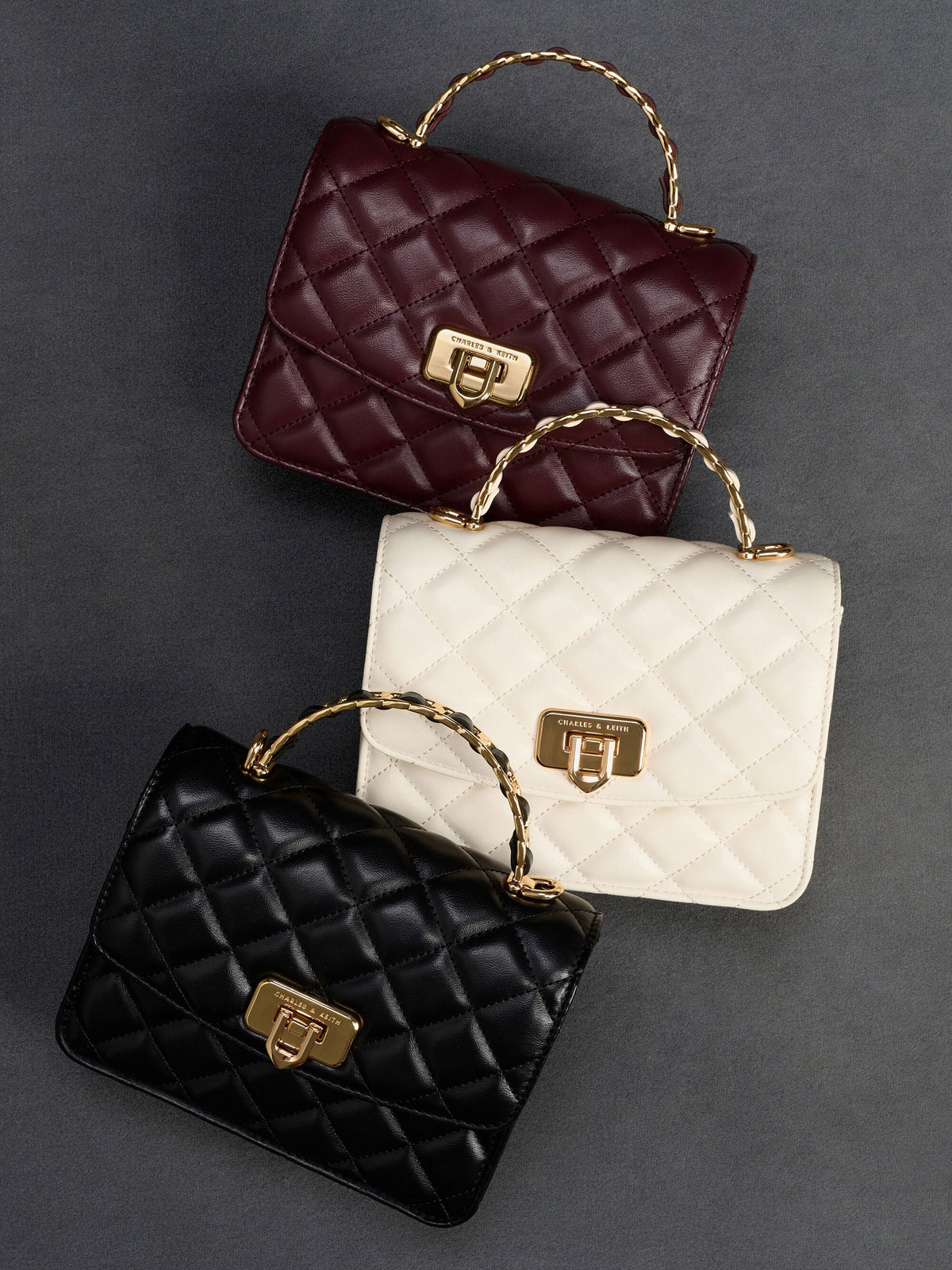 CHARLES & KEITH Smart Buy / Cressida Quilted Top Handle Bag - Wineberry Red