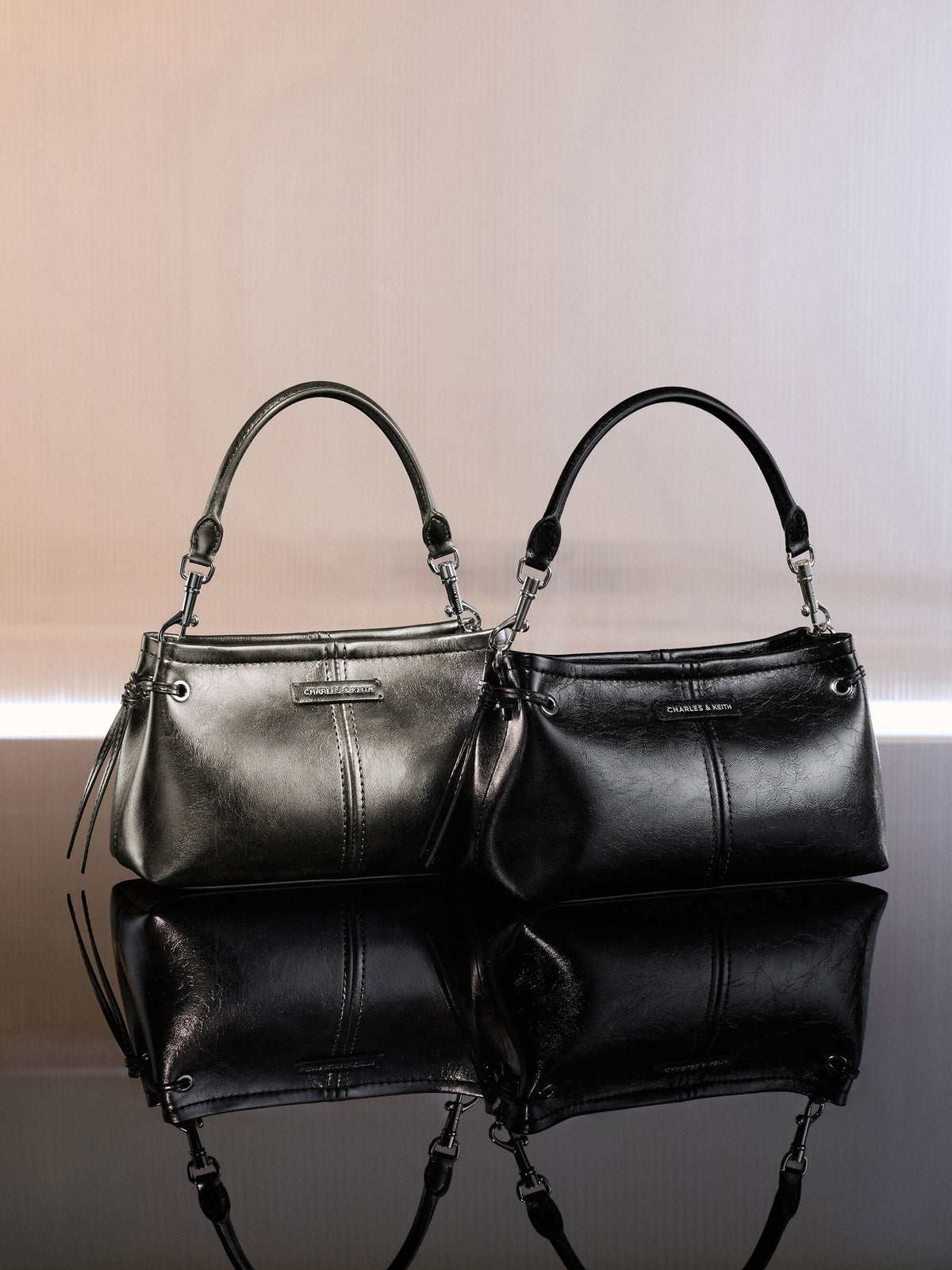 CHARLES & KEITH Value / Noane Metallic Top Handle Bag - Pewter