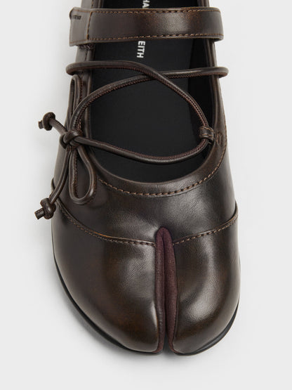 CHARLES & KEITH Customer Favorite / Aether Lace-Up Split-Toe Mary Jane Flats - Brown