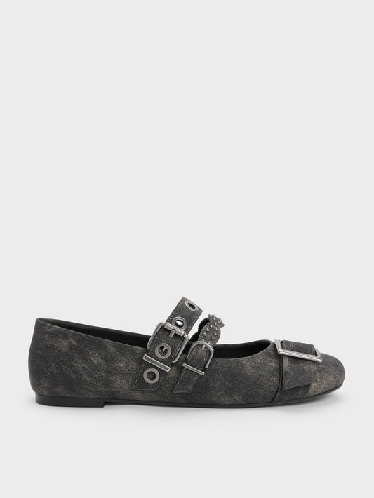 CHARLES & KEITH Premium / Aether Grommet Studded Mary Jane Flats - Dark Grey