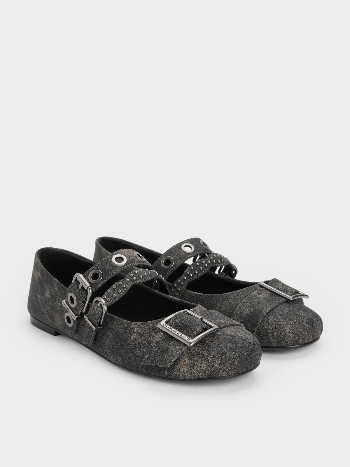 CHARLES & KEITH Premium / Aether Grommet Studded Mary Jane Flats - Dark Grey