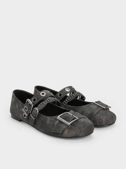 CHARLES & KEITH Premium / Aether Grommet Studded Mary Jane Flats - Dark Grey