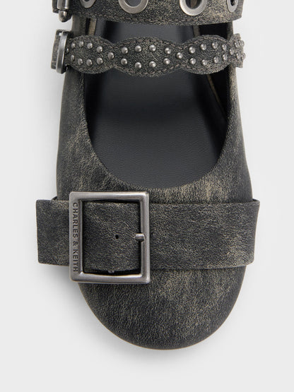 CHARLES & KEITH Premium / Aether Grommet Studded Mary Jane Flats - Dark Grey