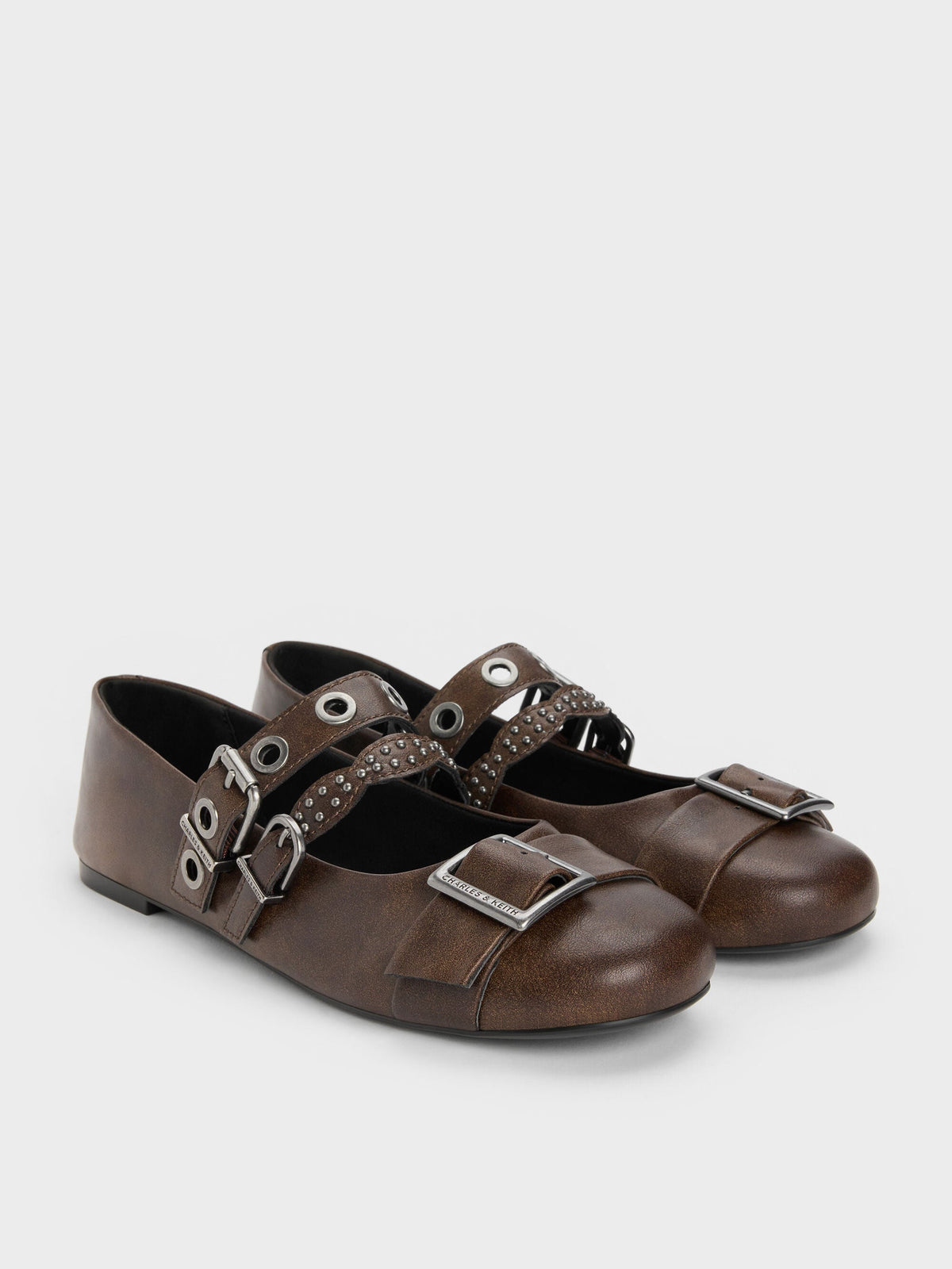 CHARLES & KEITH Premium / Aether Grommet Studded Mary Jane Flats - Dark Brown