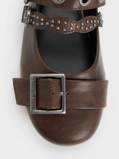 CHARLES & KEITH Premium / Aether Grommet Studded Mary Jane Flats - Dark Brown