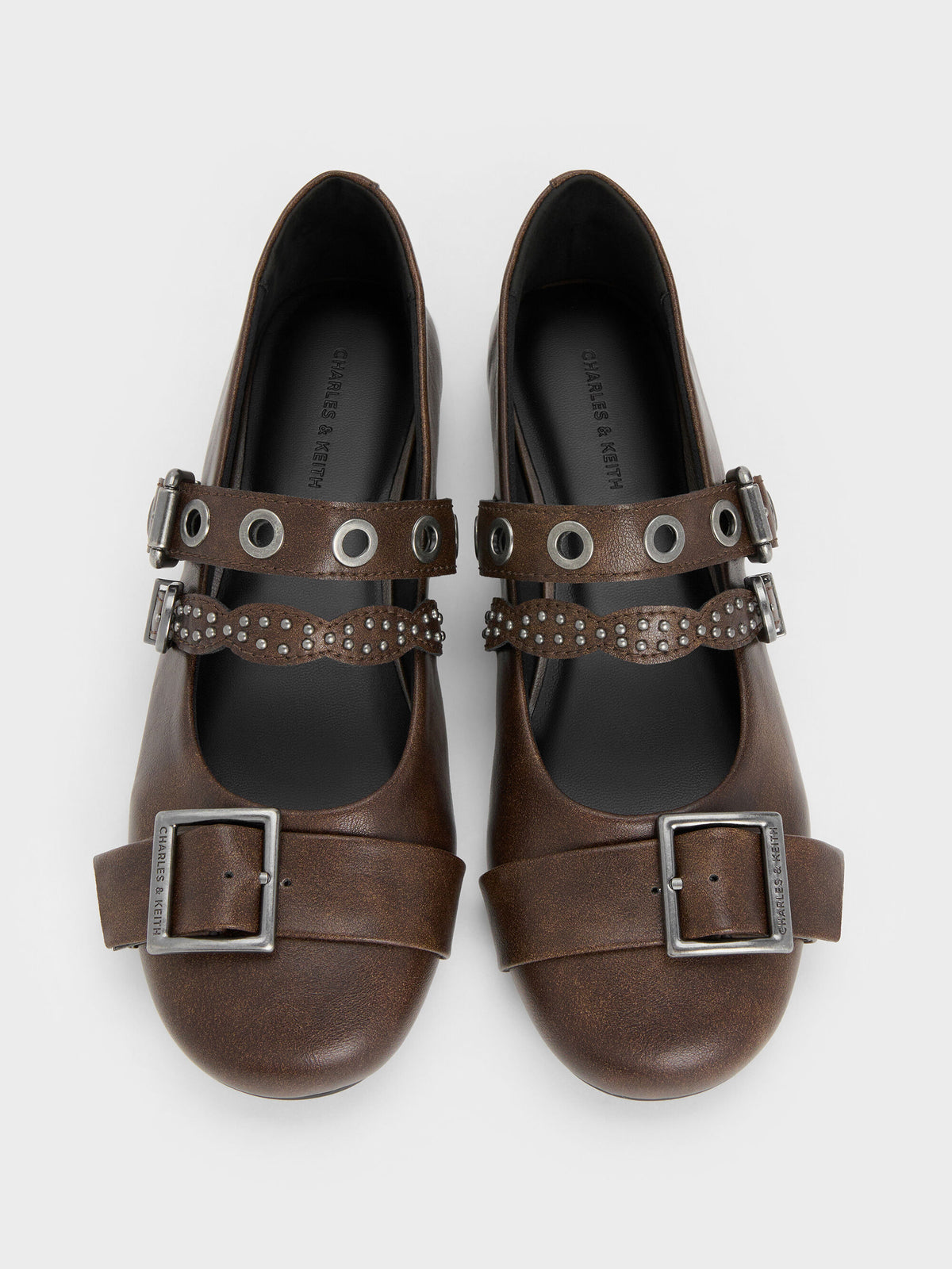CHARLES & KEITH Premium / Aether Grommet Studded Mary Jane Flats - Dark Brown