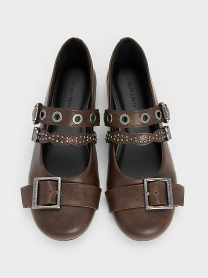 CHARLES & KEITH Premium / Aether Grommet Studded Mary Jane Flats - Dark Brown