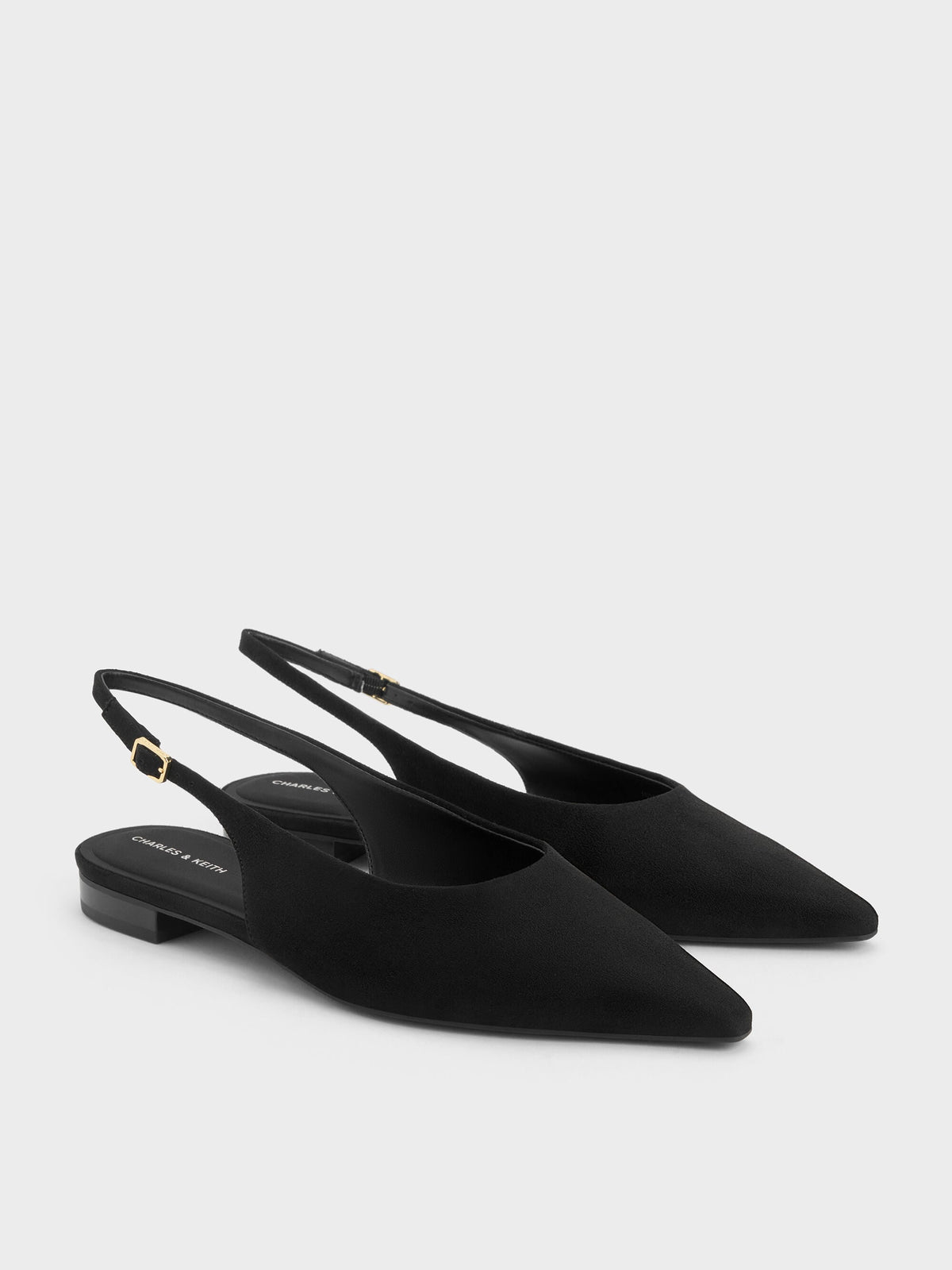 CHARLES & KEITH Best Seller / Emelia Faux Suede Slingback Flats - Black Textured