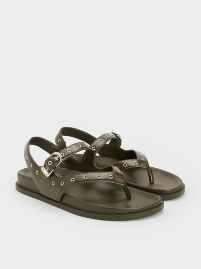 CHARLES & KEITH Smart Buy / Grommet Thong Slingback Sandals - Olive