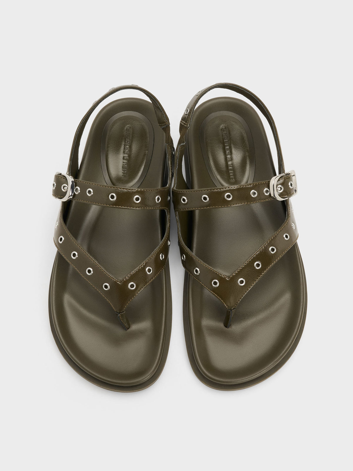 CHARLES & KEITH Smart Buy / Grommet Thong Slingback Sandals - Olive