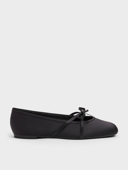 CHARLES & KEITH Trusted / Satin Bow Ballet Flats - Black Textured