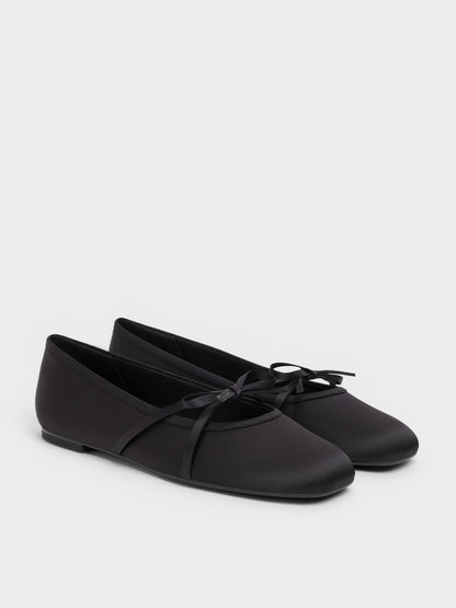 CHARLES & KEITH Trusted / Satin Bow Ballet Flats - Black Textured
