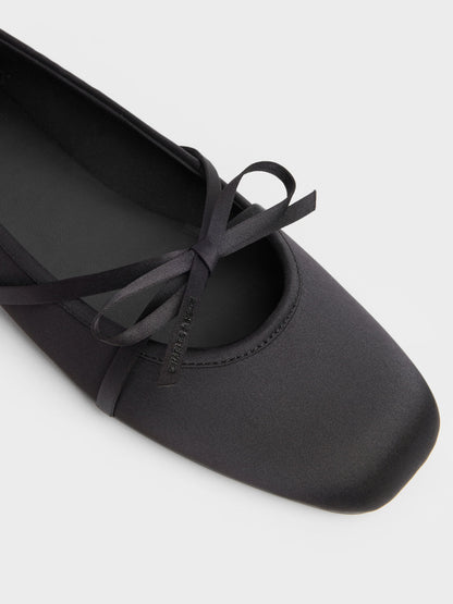CHARLES & KEITH Trusted / Satin Bow Ballet Flats - Black Textured