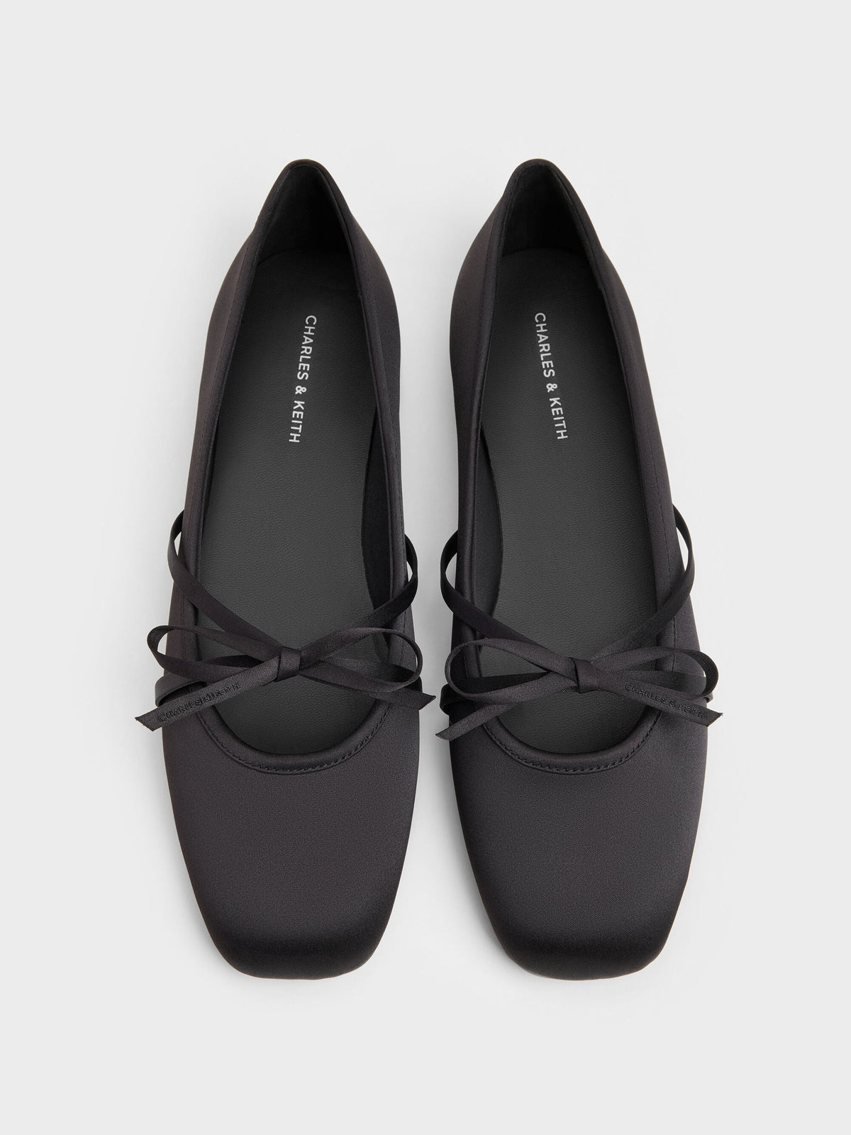 CHARLES & KEITH Trusted / Satin Bow Ballet Flats - Black Textured