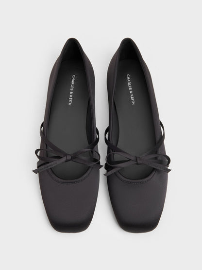 CHARLES & KEITH Trusted / Satin Bow Ballet Flats - Black Textured