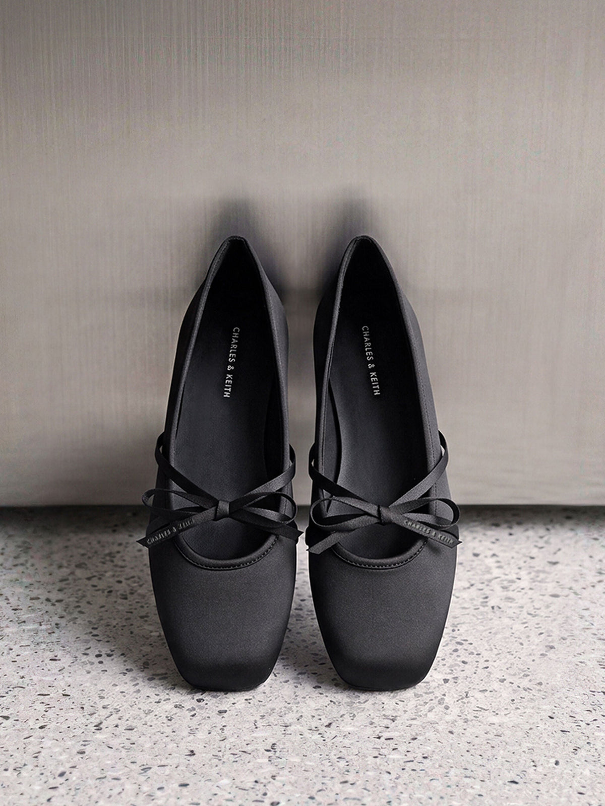 CHARLES & KEITH Trusted / Satin Bow Ballet Flats - Black Textured